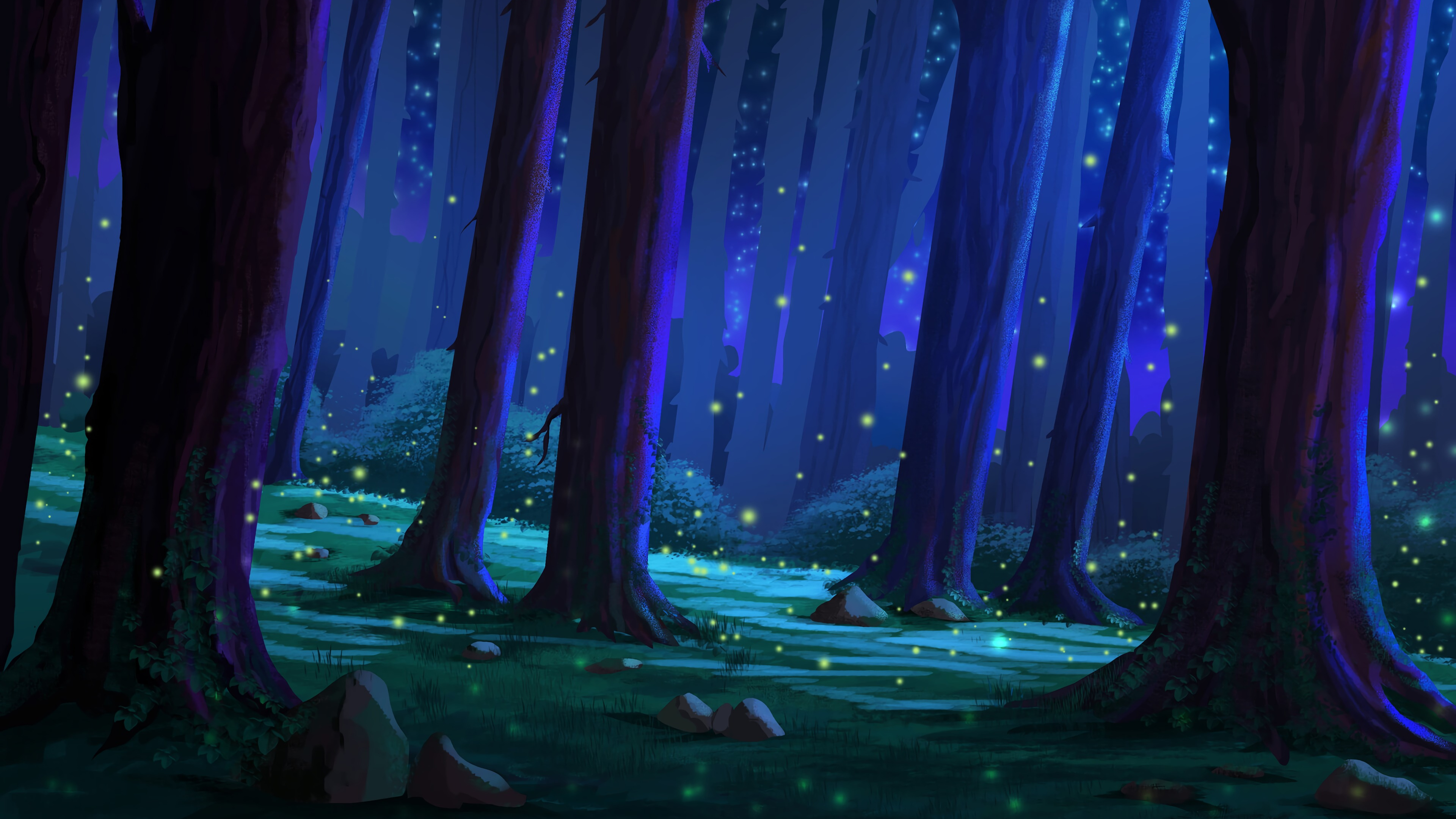 Обои окружающая среда, ночь, синий, лес, вода в разрешении 3840x2160