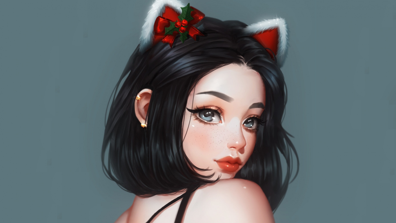 Обои арт, рисование, волосы, лицо, ухо в разрешении 1366x768