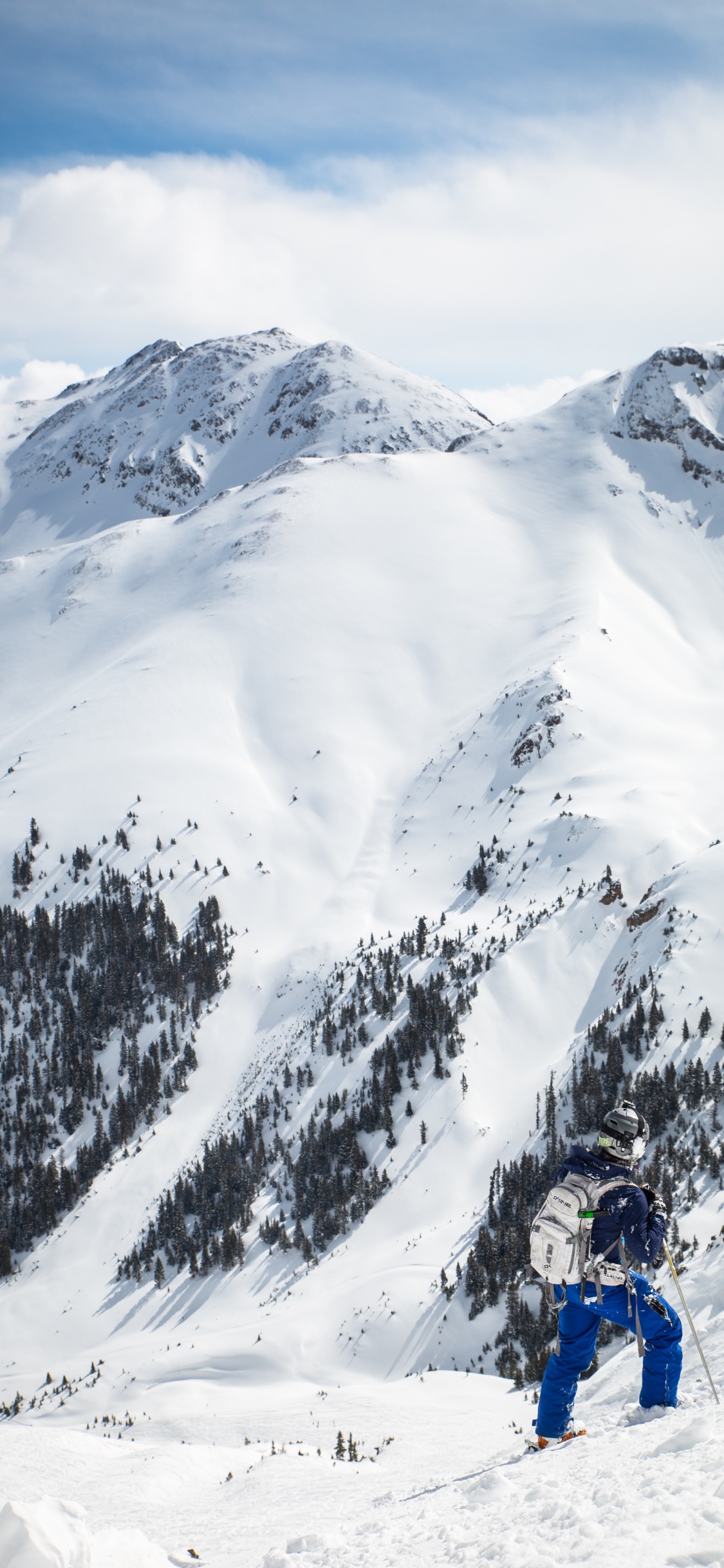 Обои лыжи, лыжня, зимние виды спорта, снег, горный рельеф в разрешении 1125x2436