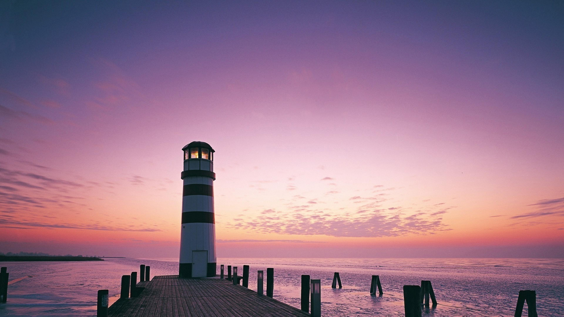 Обои закат, горизонт, море, Маяк, сумрак в разрешении 1920x1080