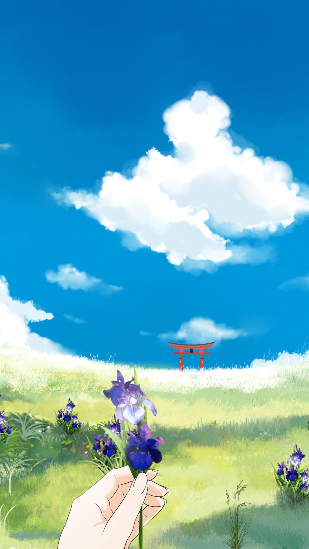 Обои краска, полевой цветок, облако, акварельная живопись, степ в разрешении 1080x1920