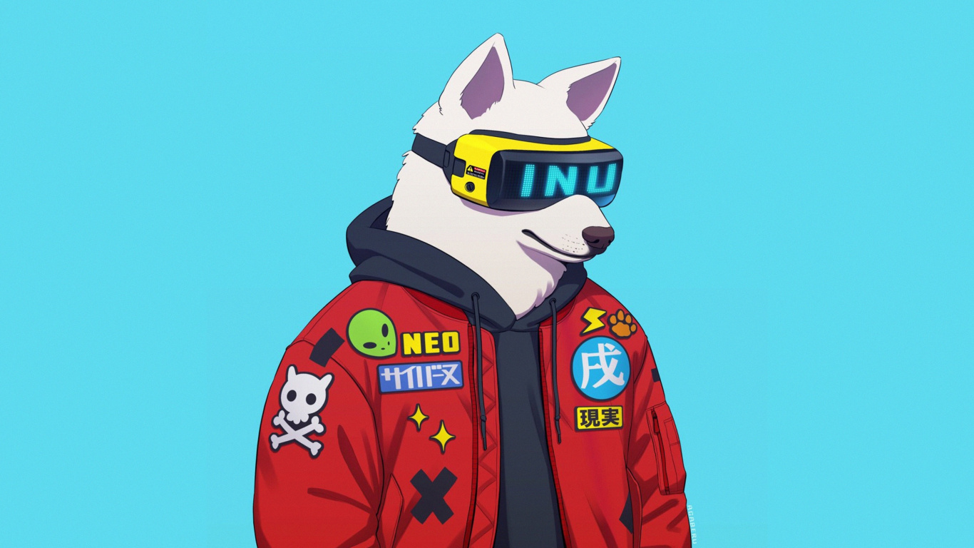 Обои арт, мультфильм, иллюстрация, DoggoLingo, футуристический хаски в разрешении 1366x768