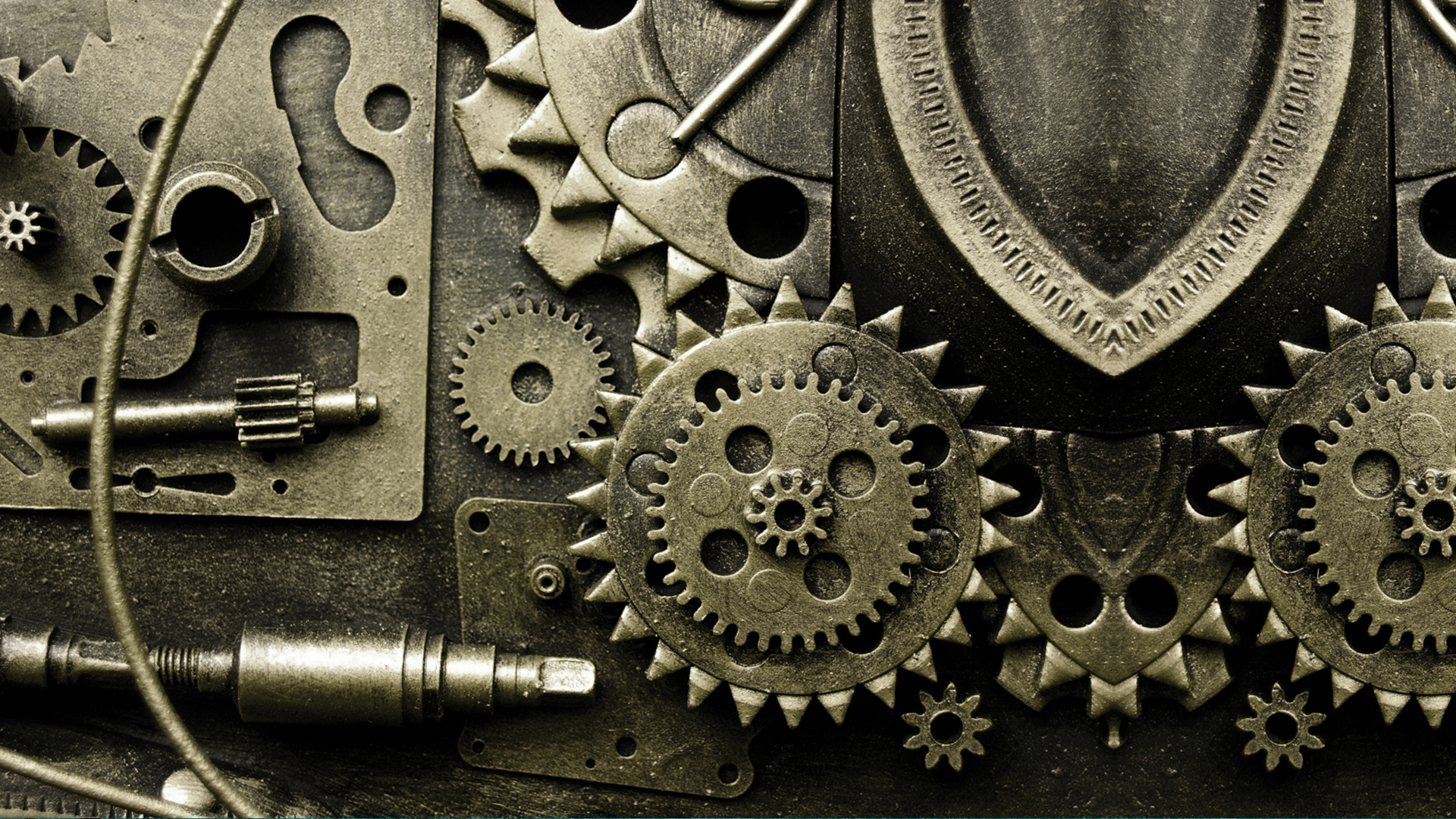 Обои шестерня, металл, машина, черный и белый, часы в разрешении 1920x1080