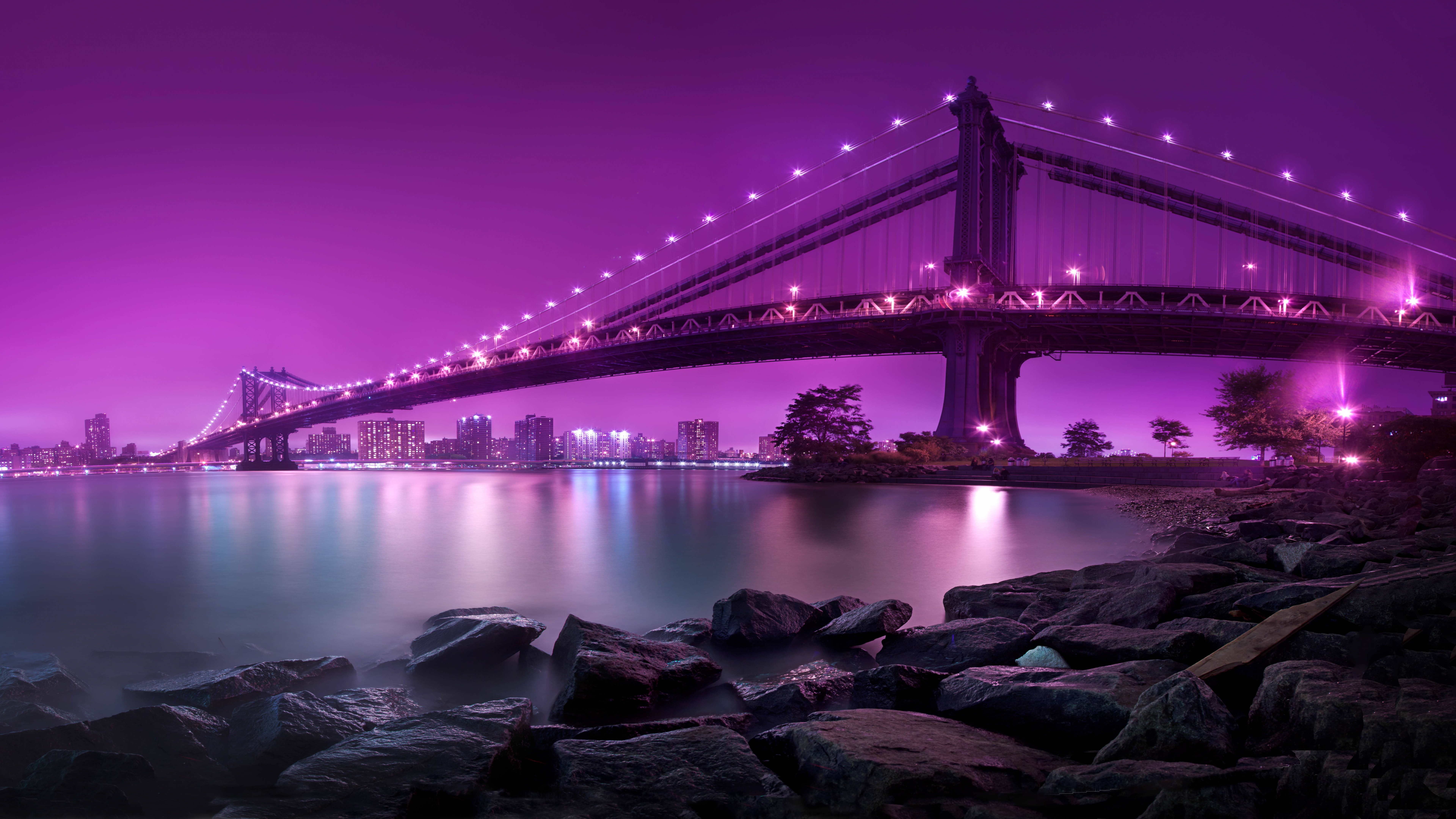 Обои мост, пурпур, ориентир, ночь, подвесной мост в разрешении 7680x4320