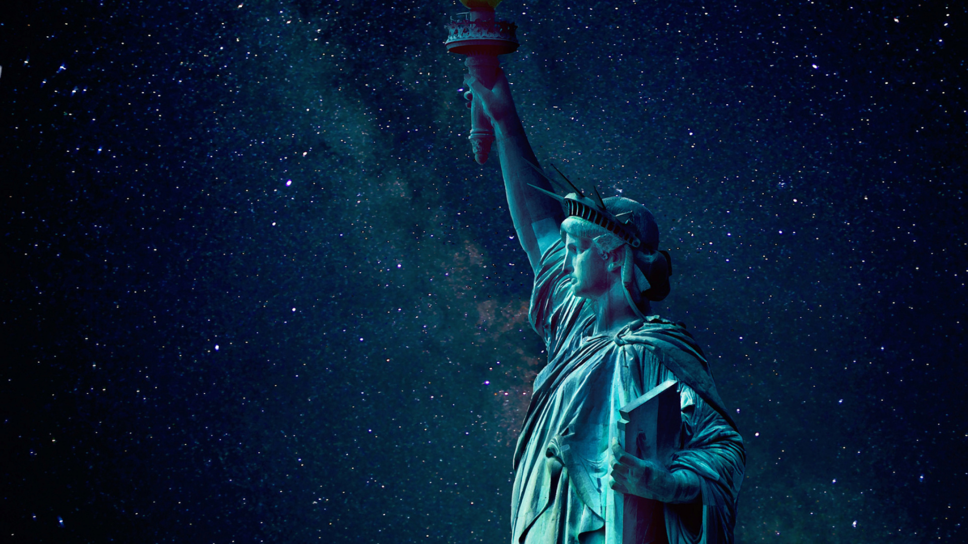 Обои статуя свободы, статуя, космос, ночь, звезда в разрешении 1920x1080