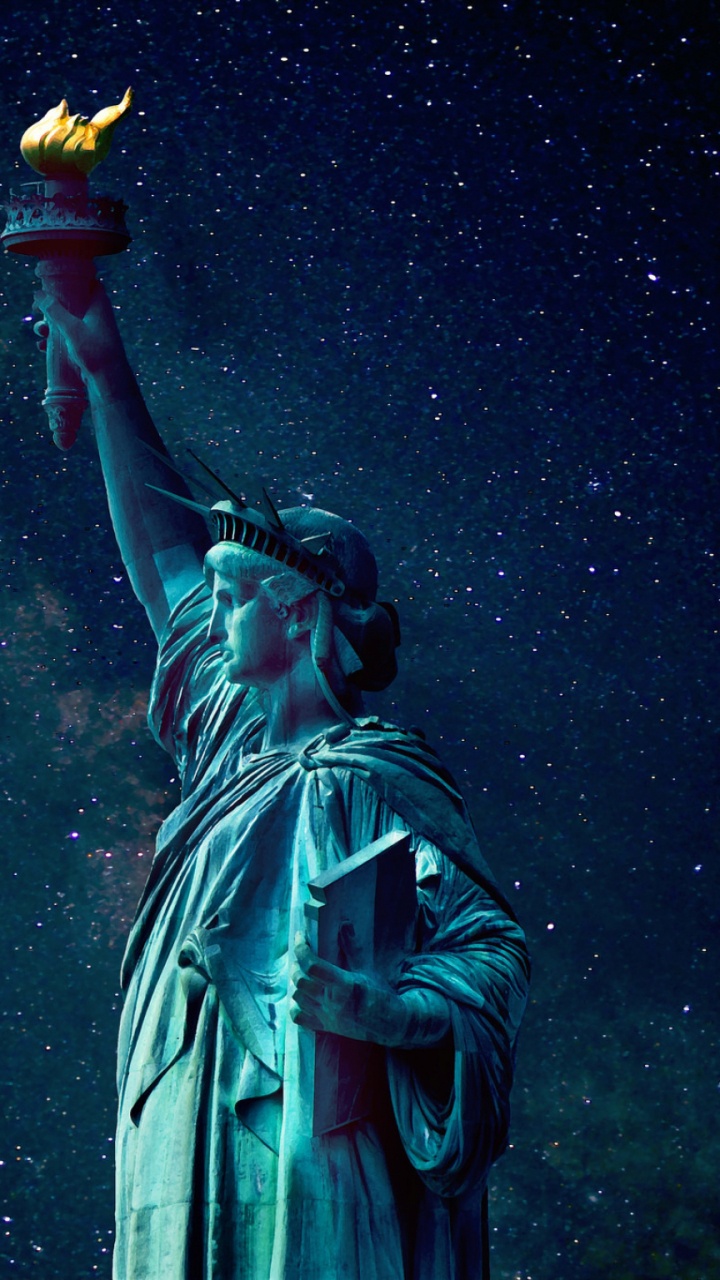 Обои статуя свободы, статуя, космос, ночь, звезда в разрешении 720x1280