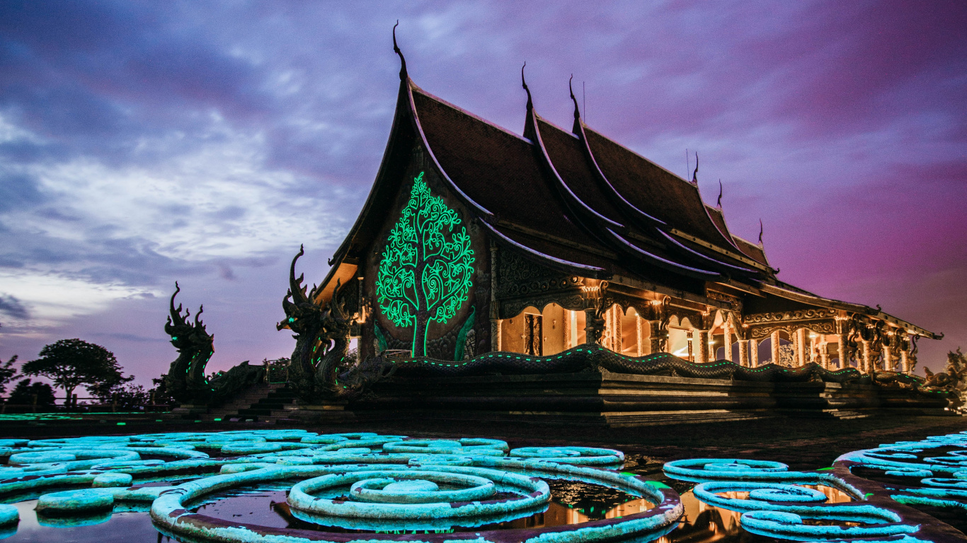 Обои ночь, иллюстрация, отражение, мир, вода в разрешении 1366x768