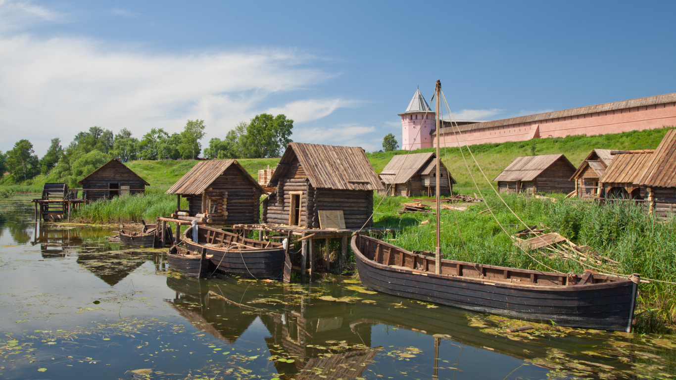 Обои перевозка воды, отражение, водный путь, реки, деревня в разрешении 1366x768