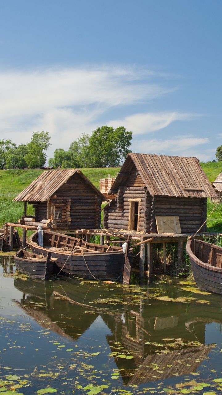 Обои перевозка воды, отражение, водный путь, реки, деревня в разрешении 720x1280