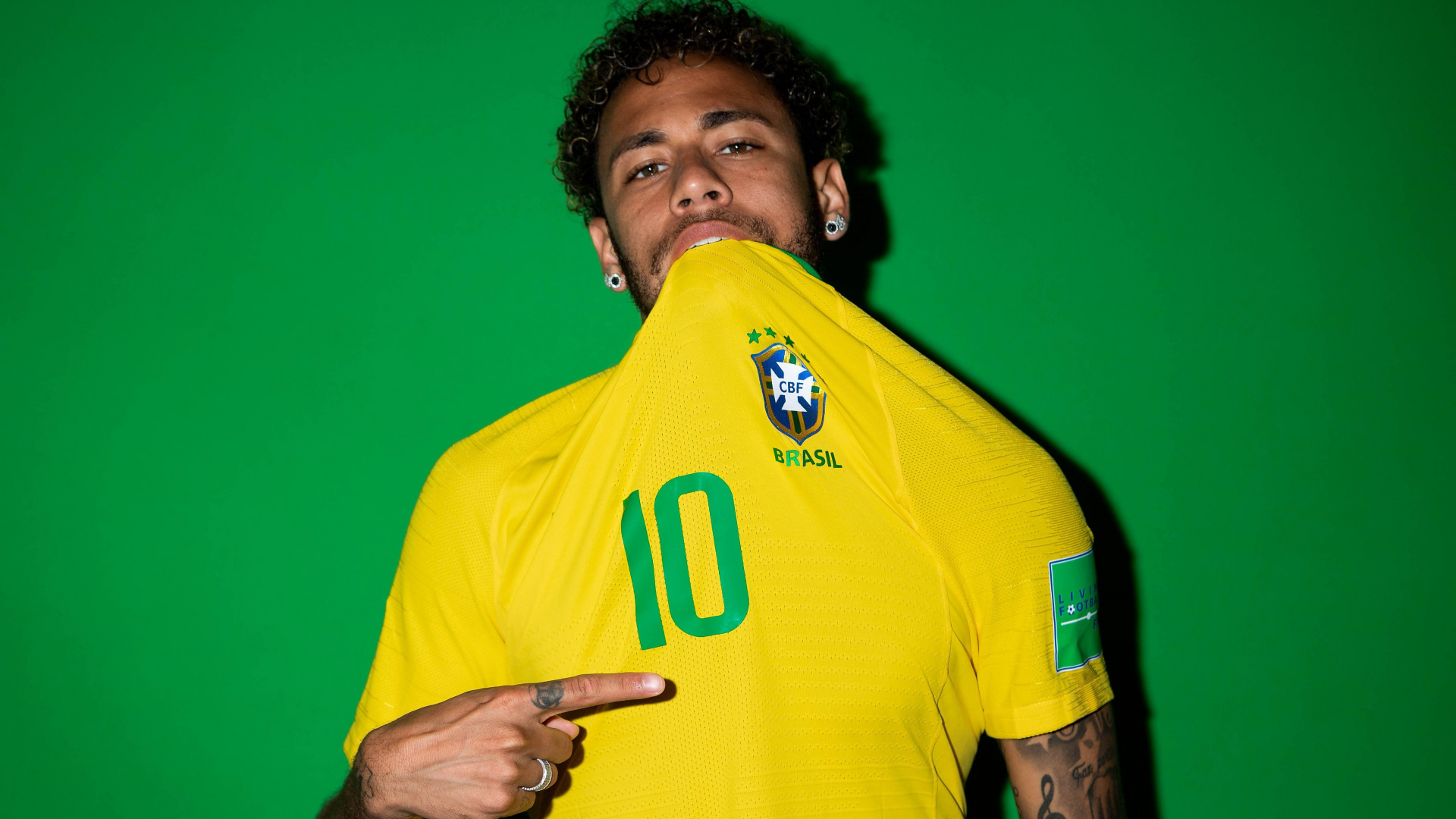 Обои Неймар, сборная Бразилии по футболу, ЧМ 2018, зеленый, желтый в разрешении 1920x1080