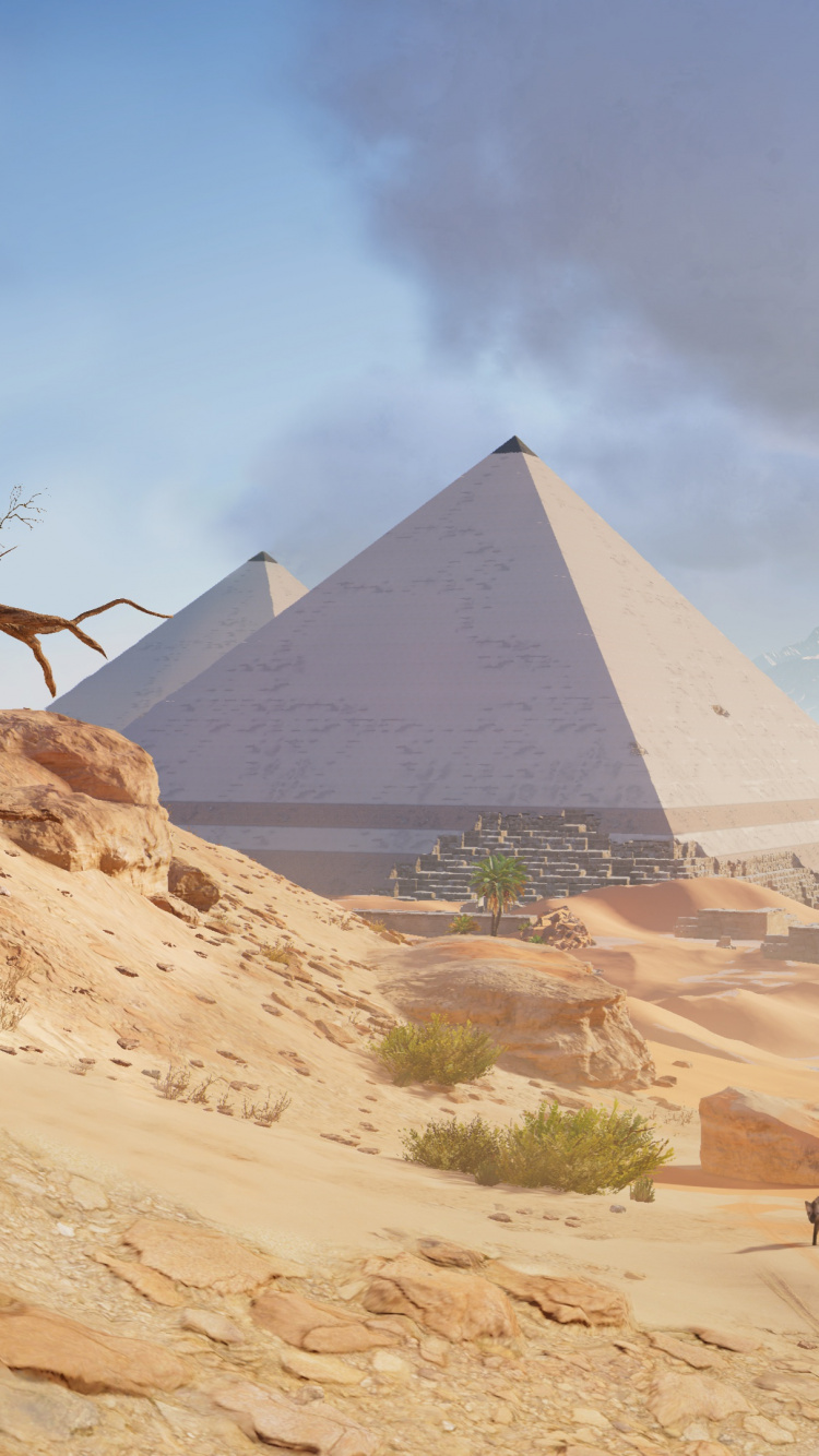 Обои assassins creed origins, ubisoft, пирамида, пустыня, пейзаж в разрешении 750x1334