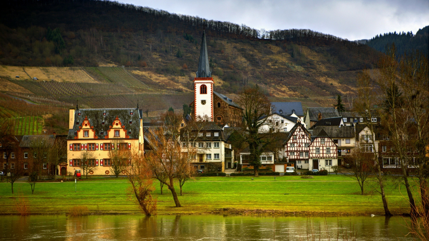 Обои природа, дерево, сельский район, вода, отражение в разрешении 1366x768