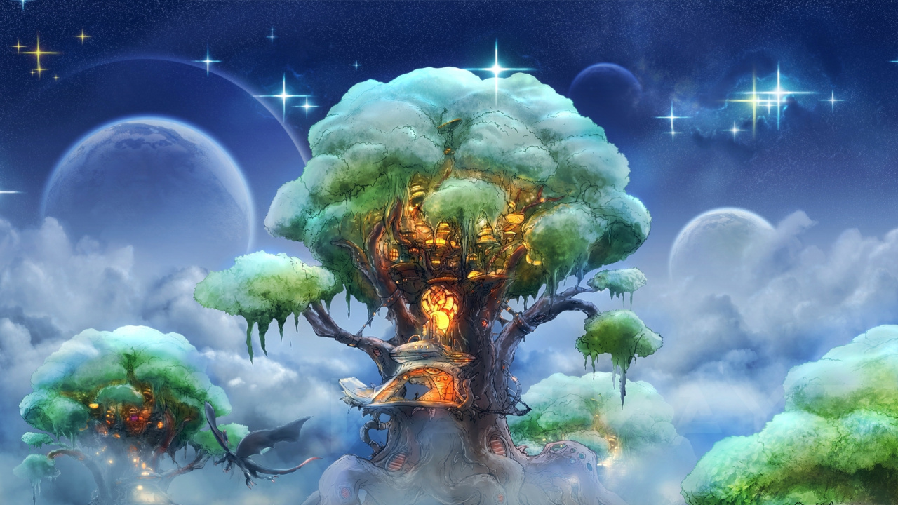 Обои дерево, домик на дереве, арт, иллюстрация, фантастическое искусство в разрешении 1280x720