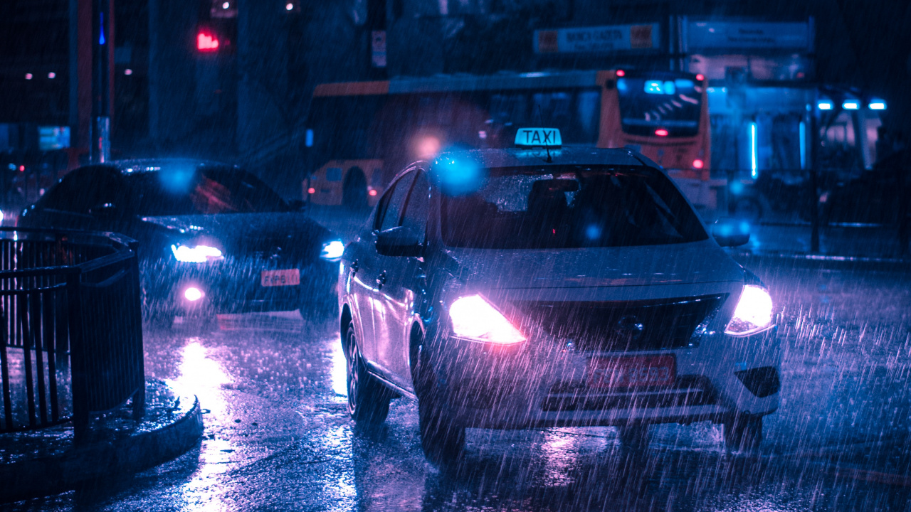 Обои авто, дождь, ночь, свет, автомобиль среднего размера в разрешении 1280x720