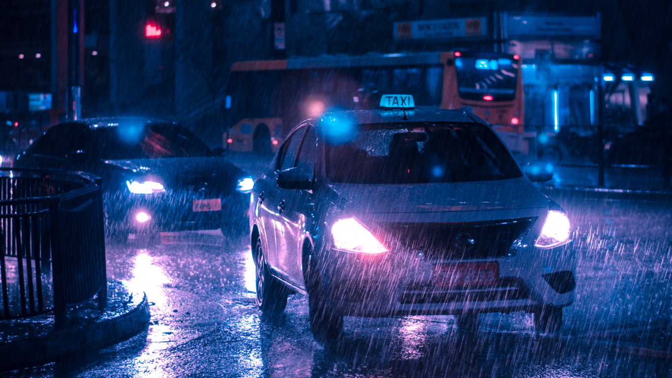 Обои авто, дождь, ночь, свет, автомобиль среднего размера в разрешении 1366x768