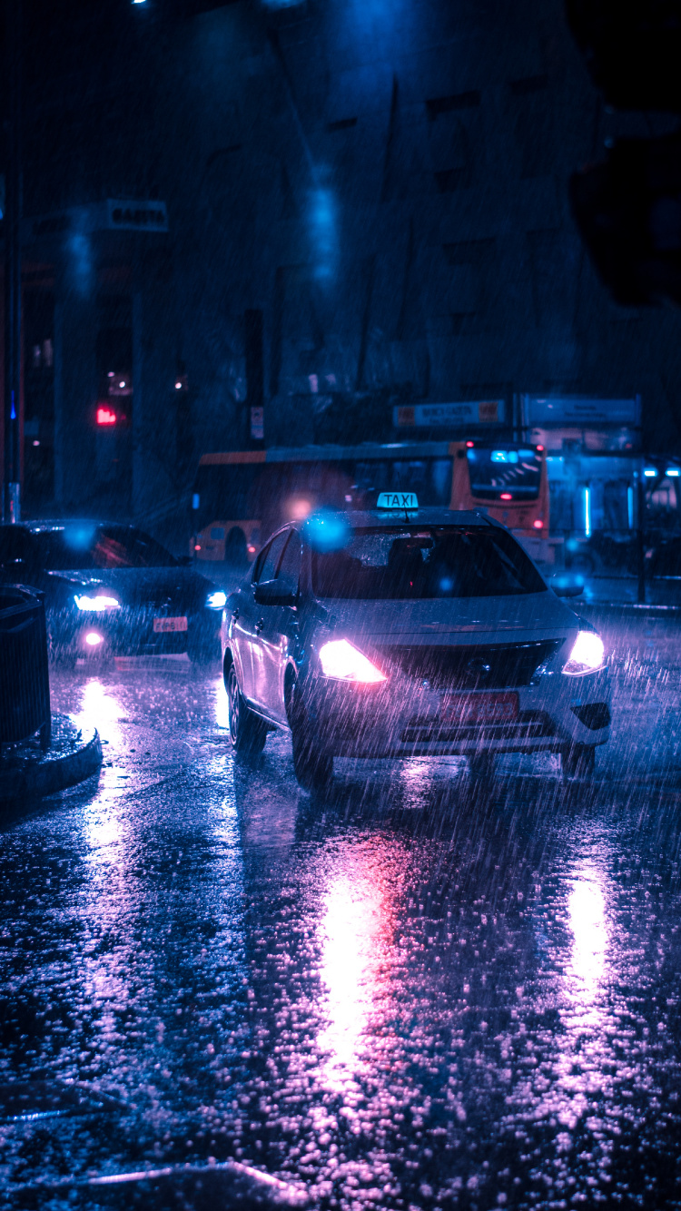 Обои авто, дождь, ночь, свет, автомобиль среднего размера в разрешении 750x1334