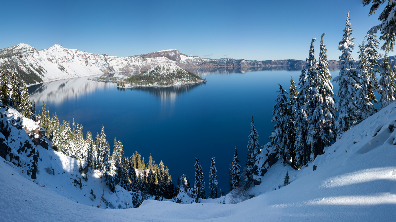 Обои озеро, снег, зима, природа, гора в разрешении 1366x768