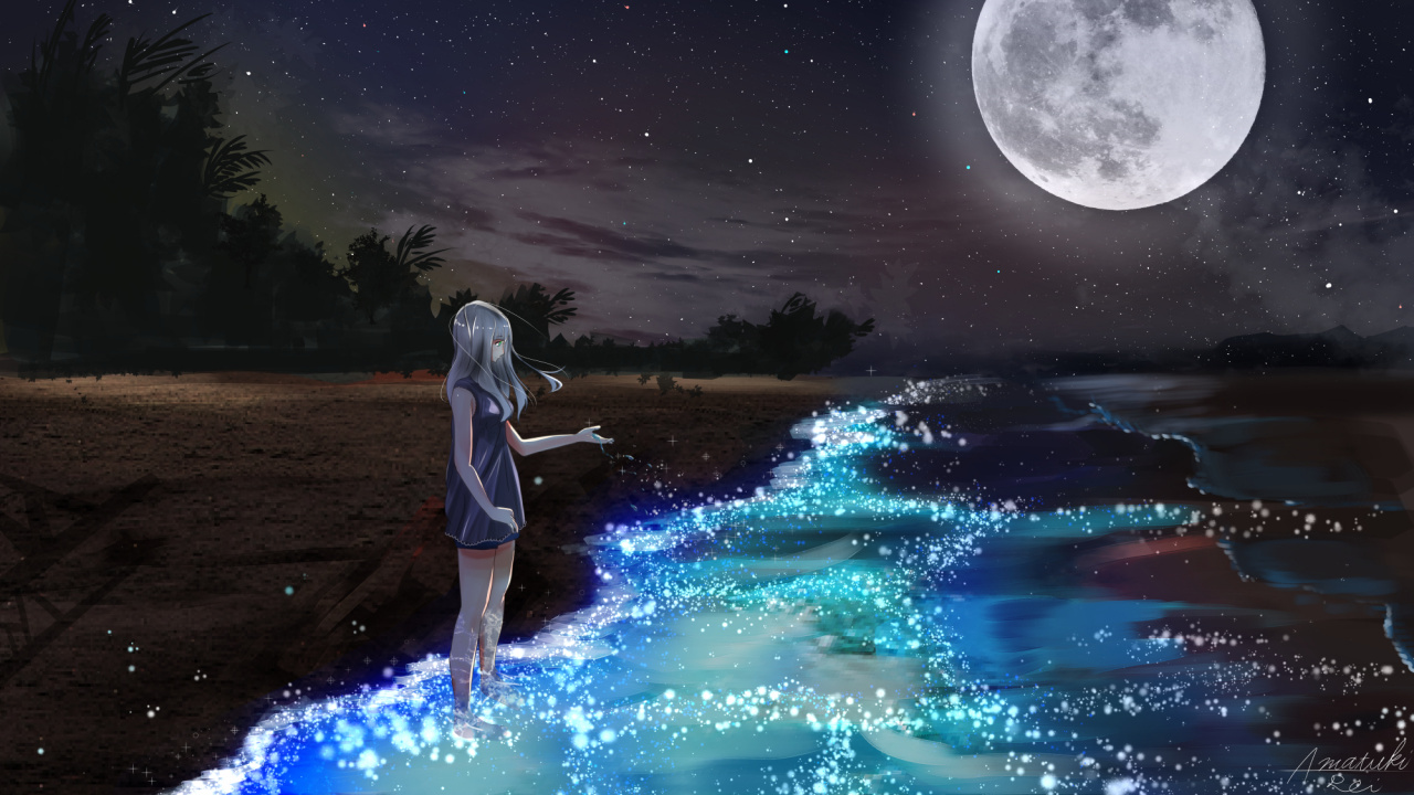 Обои аниме, луна, лунный свет, вода, свет в разрешении 1280x720
