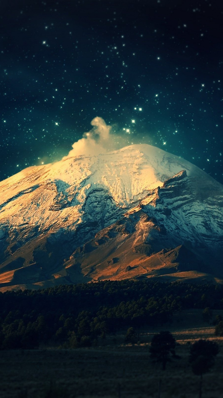 Обои ночь, гора, стратовулкан, атмосфера, вулканического рельефа в разрешении 750x1334