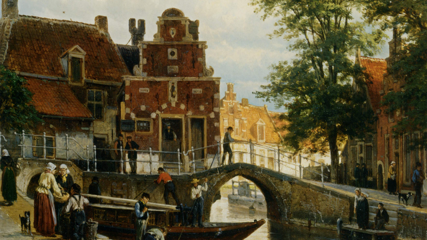 Обои арт, пейзажная живопись, артист, водный путь, канал в разрешении 1366x768