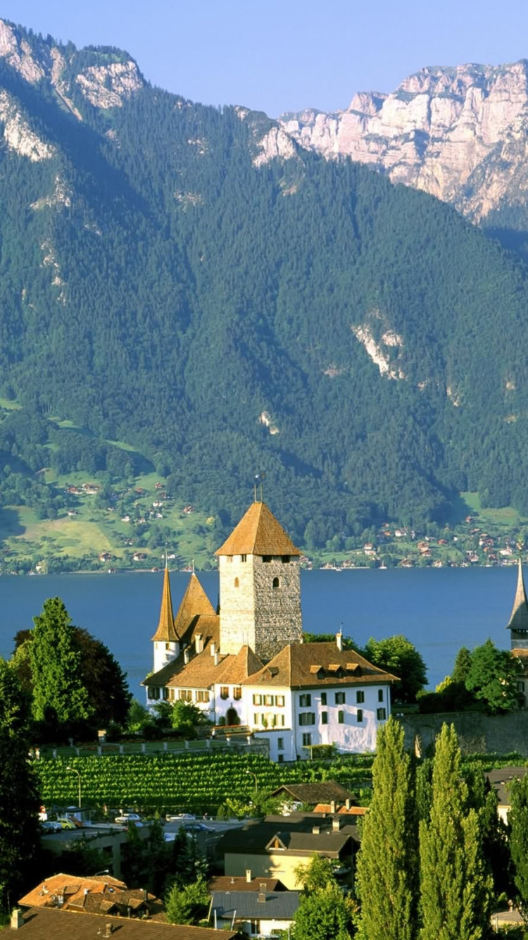 Обои замок шпиц, Шпиц Замок, Интерлакен, Тунское Озеро, замок в разрешении 750x1334