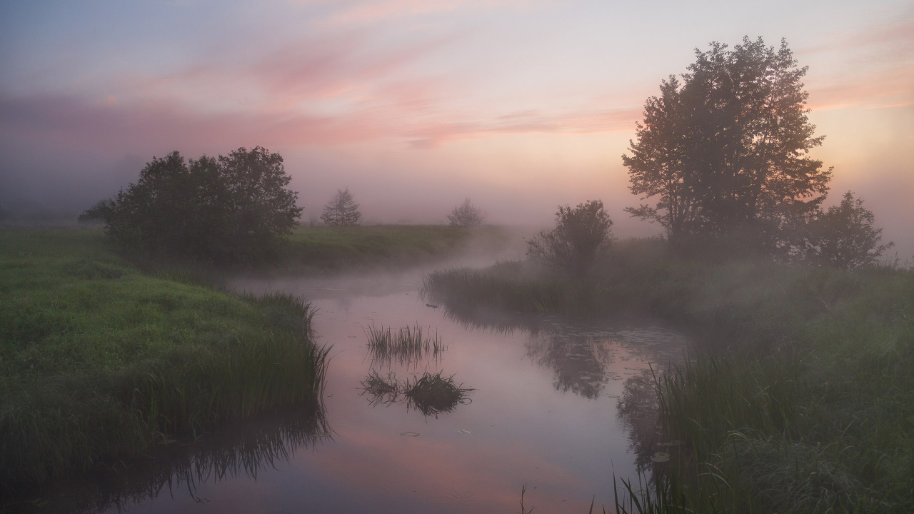 Обои отражение, Дубна, рассвет, пейзажная живопись, природа в разрешении 1280x720
