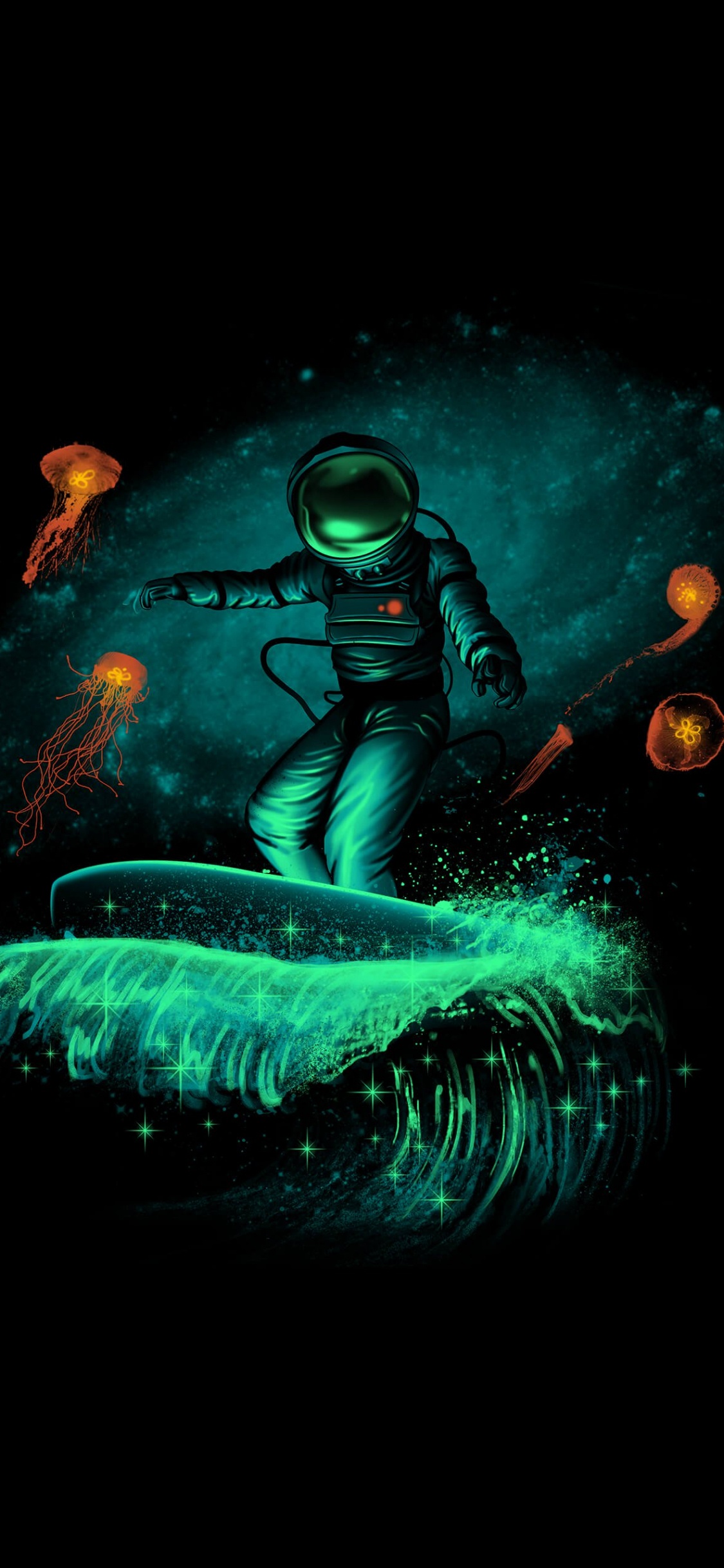 Обои космический серфер, серфинг, искусство серфинга, космос, постер в разрешении 1125x2436