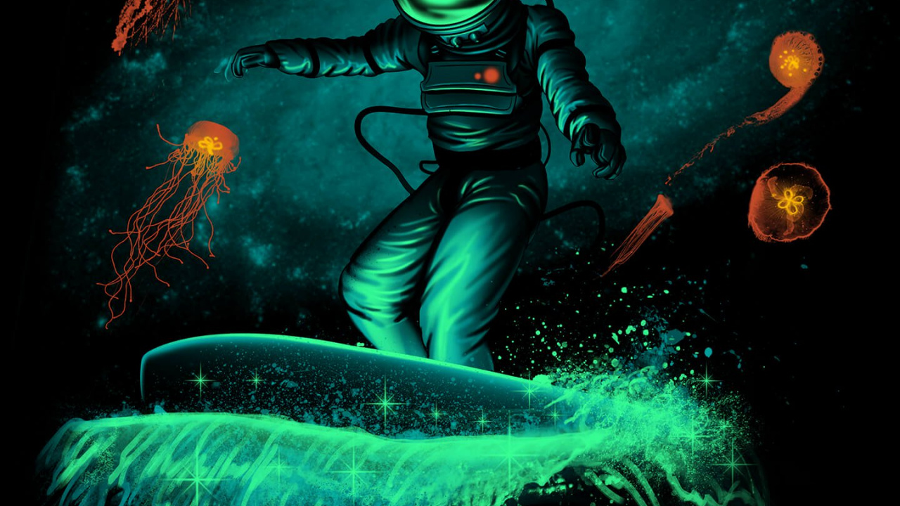 Обои космический серфер, серфинг, искусство серфинга, космос, постер в разрешении 1280x720