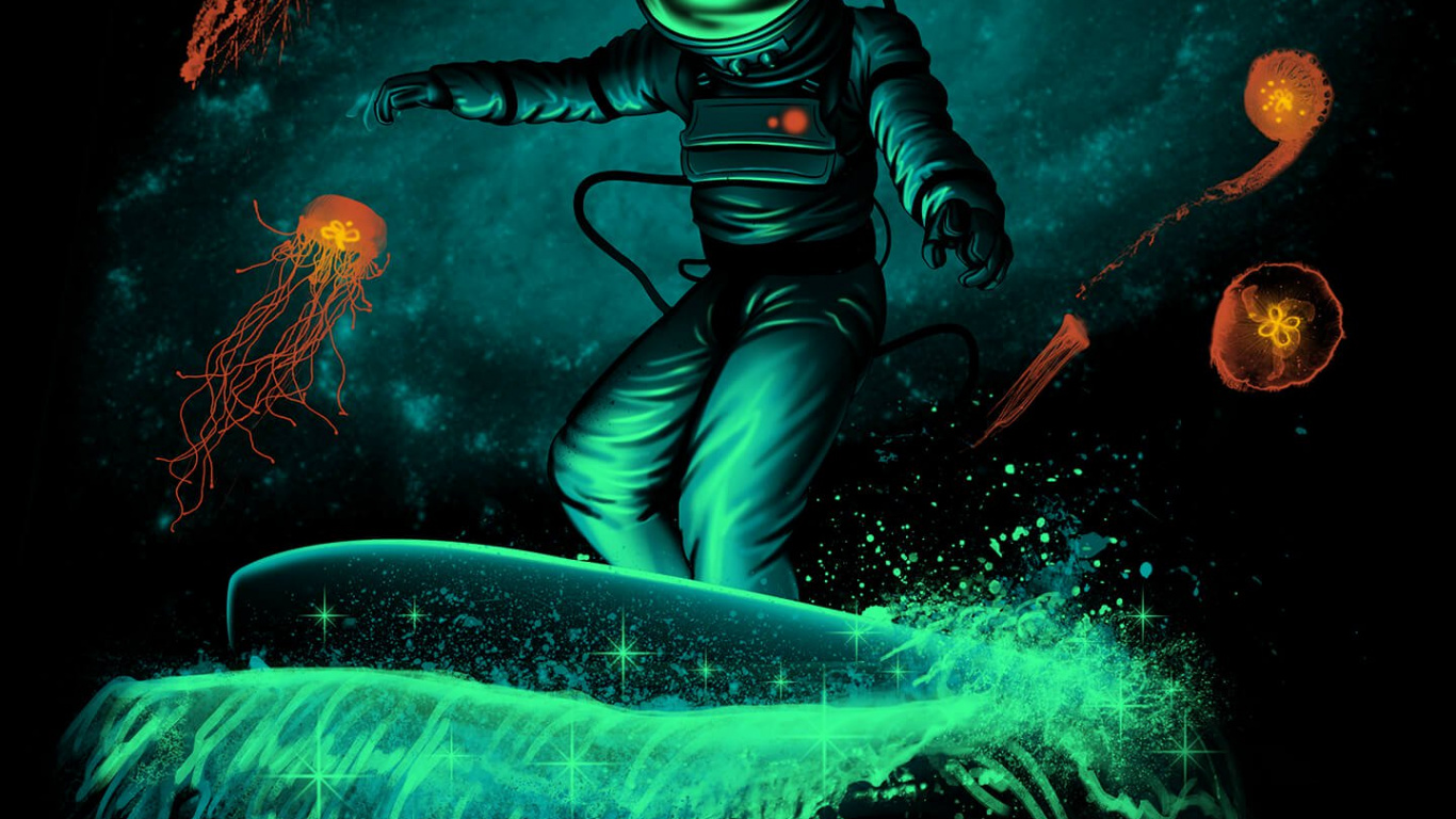 Обои космический серфер, серфинг, искусство серфинга, космос, постер в разрешении 1366x768