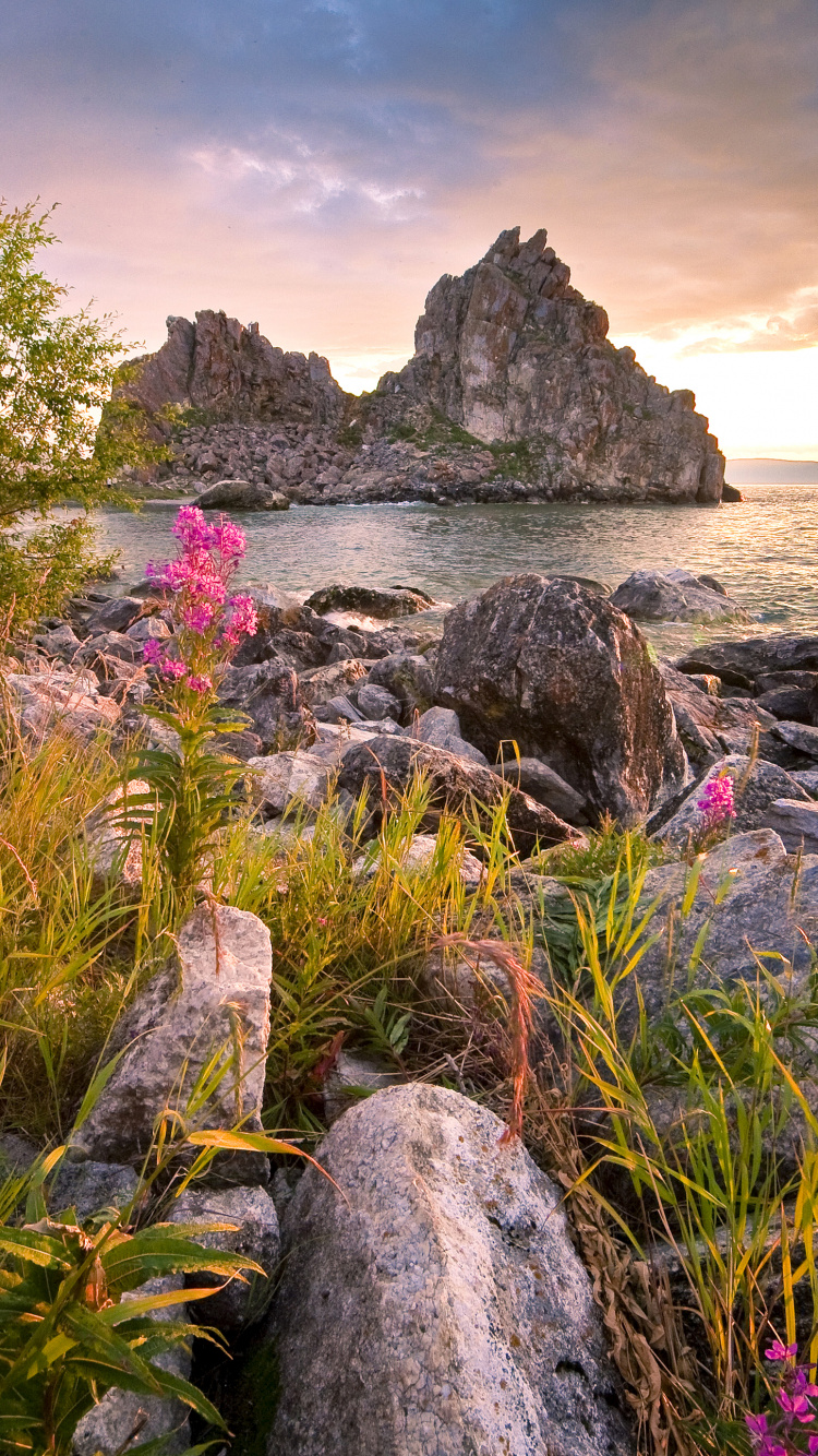 Обои озеро, природа, растительность, рок, цветок в разрешении 750x1334