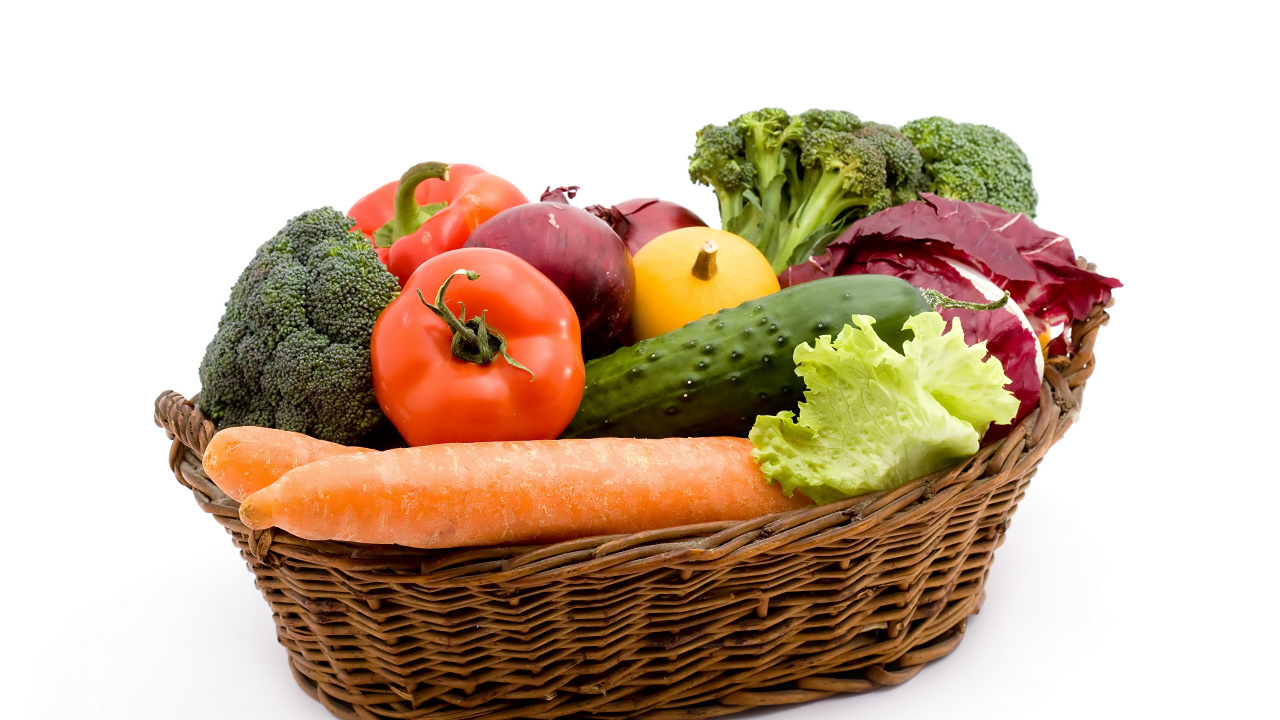 Обои вегетарианская кухня, овощ, корзина, морковь, фрукты в разрешении 1280x720