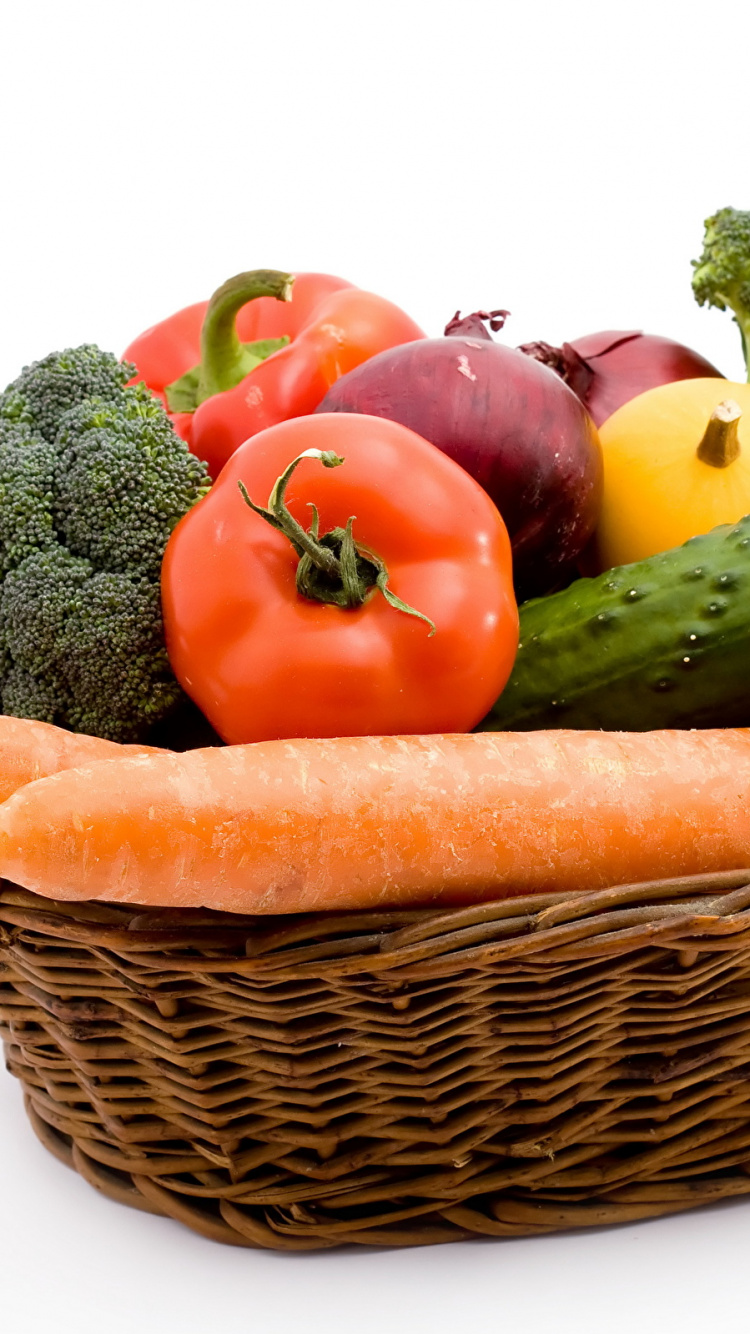 Обои вегетарианская кухня, овощ, корзина, морковь, фрукты в разрешении 750x1334