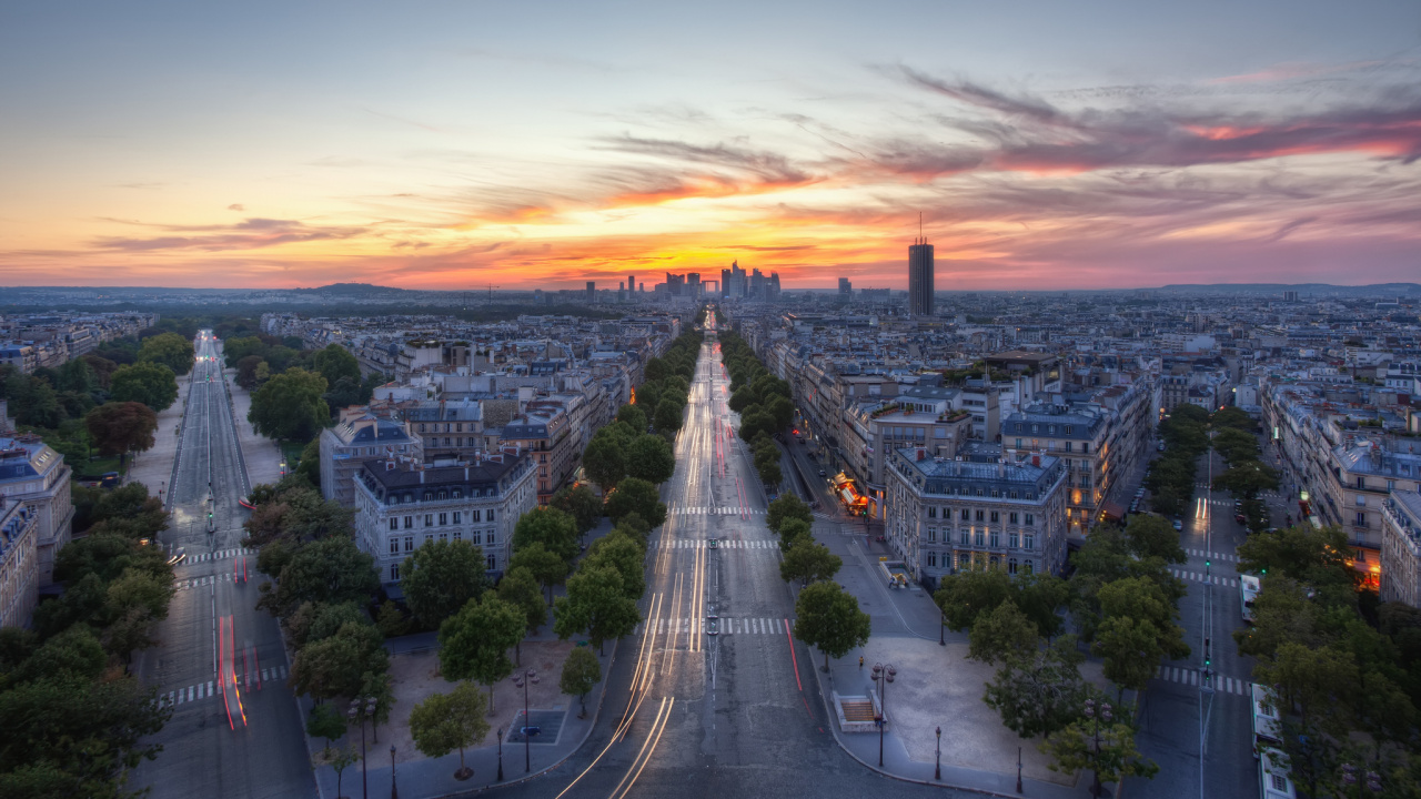 Обои Париж, Триумфальная арка, Эйфелева башня, городской пейзаж, ориентир в разрешении 1280x720