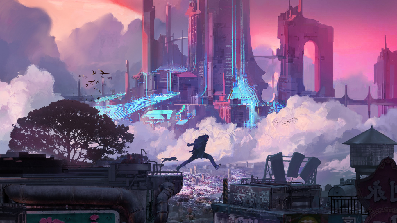 Обои кибер-город, облако, небоскреб, мир, свет в разрешении 1366x768