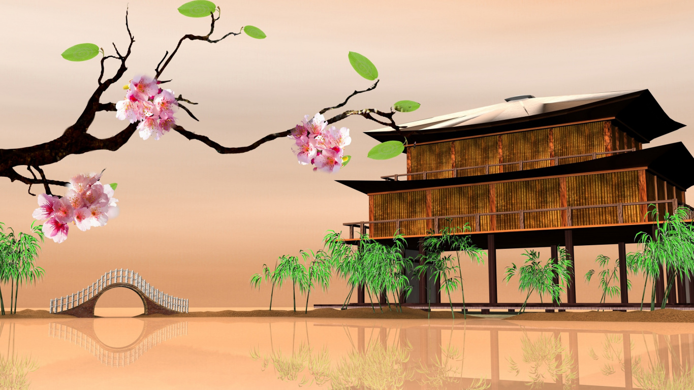 Обои живопись, цветение вишни, иллюстрация, цветок, растение в разрешении 1366x768