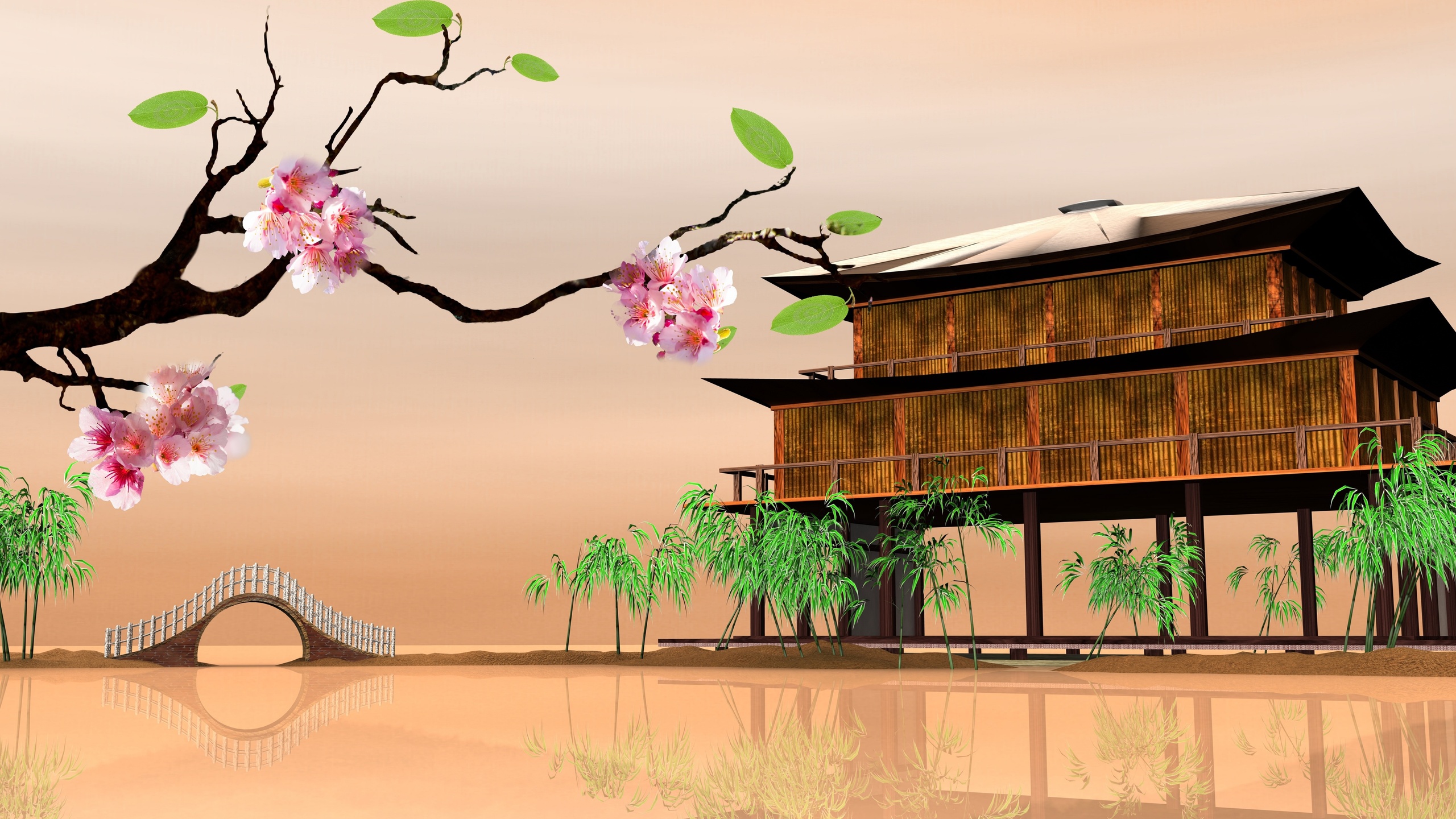 Обои живопись, цветение вишни, иллюстрация, цветок, растение в разрешении 2560x1440