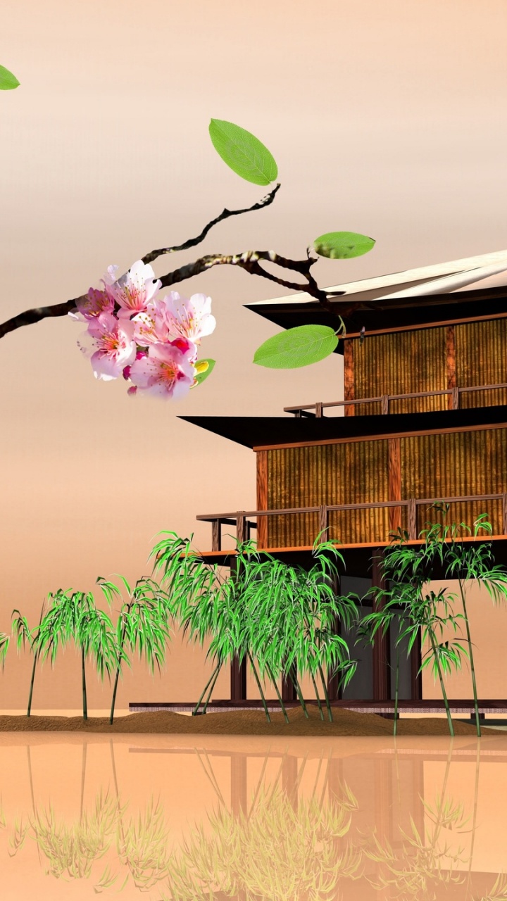 Обои живопись, цветение вишни, иллюстрация, цветок, растение в разрешении 720x1280