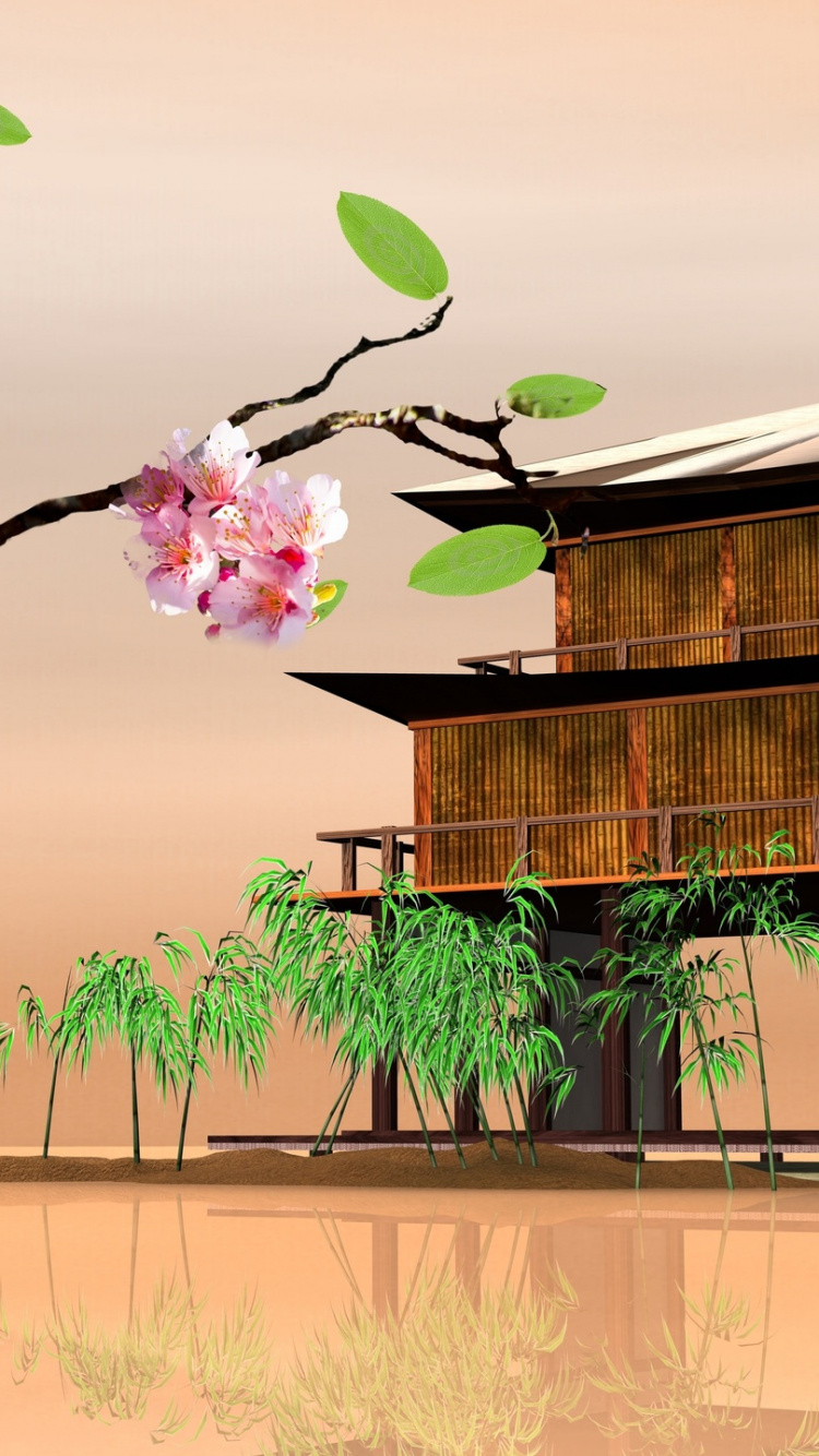 Обои живопись, цветение вишни, иллюстрация, цветок, растение в разрешении 750x1334