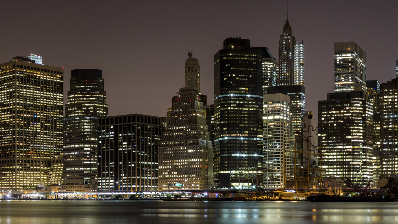 Обои Бруклинский мост, город, городской пейзаж, метрополия, линия горизонта в разрешении 1366x768