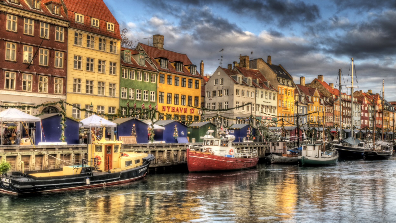 Обои Нюхавн, Копенгаген, перевозка воды, водоем, водный путь в разрешении 1280x720