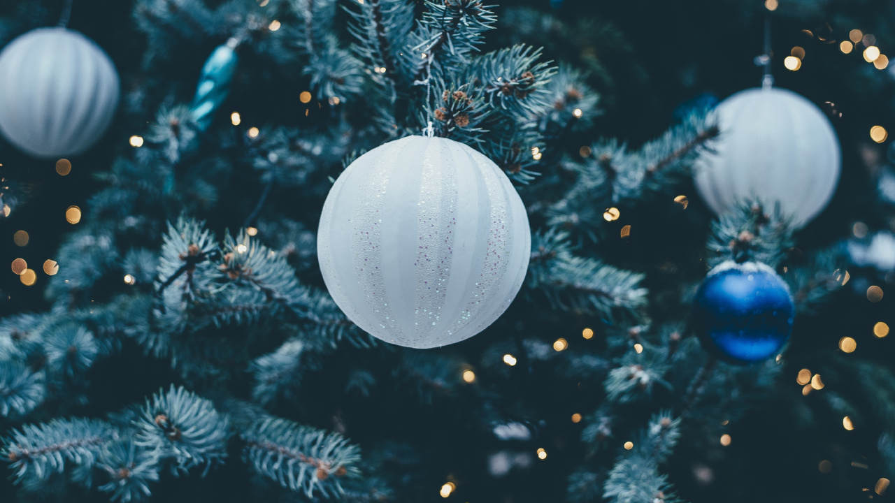Обои Рождественский день, Рождественские украшения, рождественский орнамент, елка, синий в разрешении 1280x720