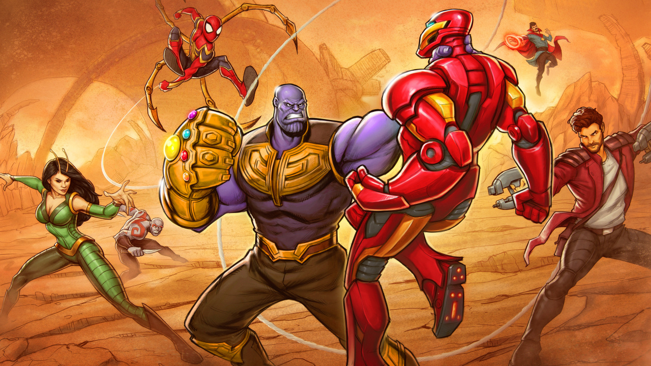 Обои мститель, Мстители: Война бесконечности, Танос, человек-паук, Железный человек в разрешении 1280x720