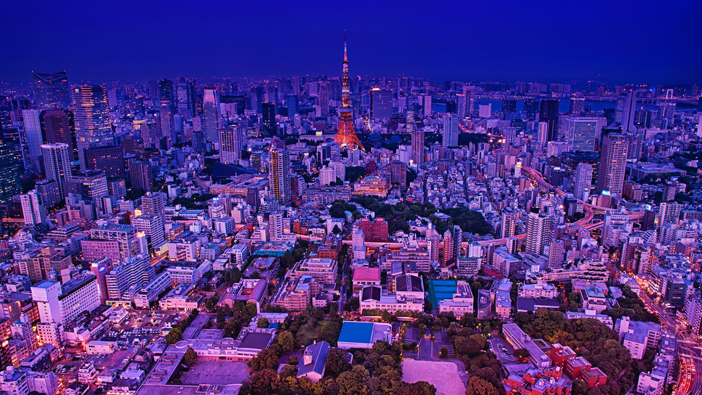 Обои Токио, токийская башня, город, городской пейзаж, городской район в разрешении 1366x768