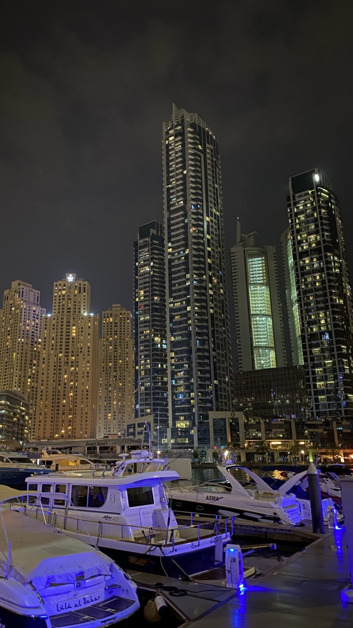 Обои Дубай, ночь, башня, метрополия, город в разрешении 720x1280