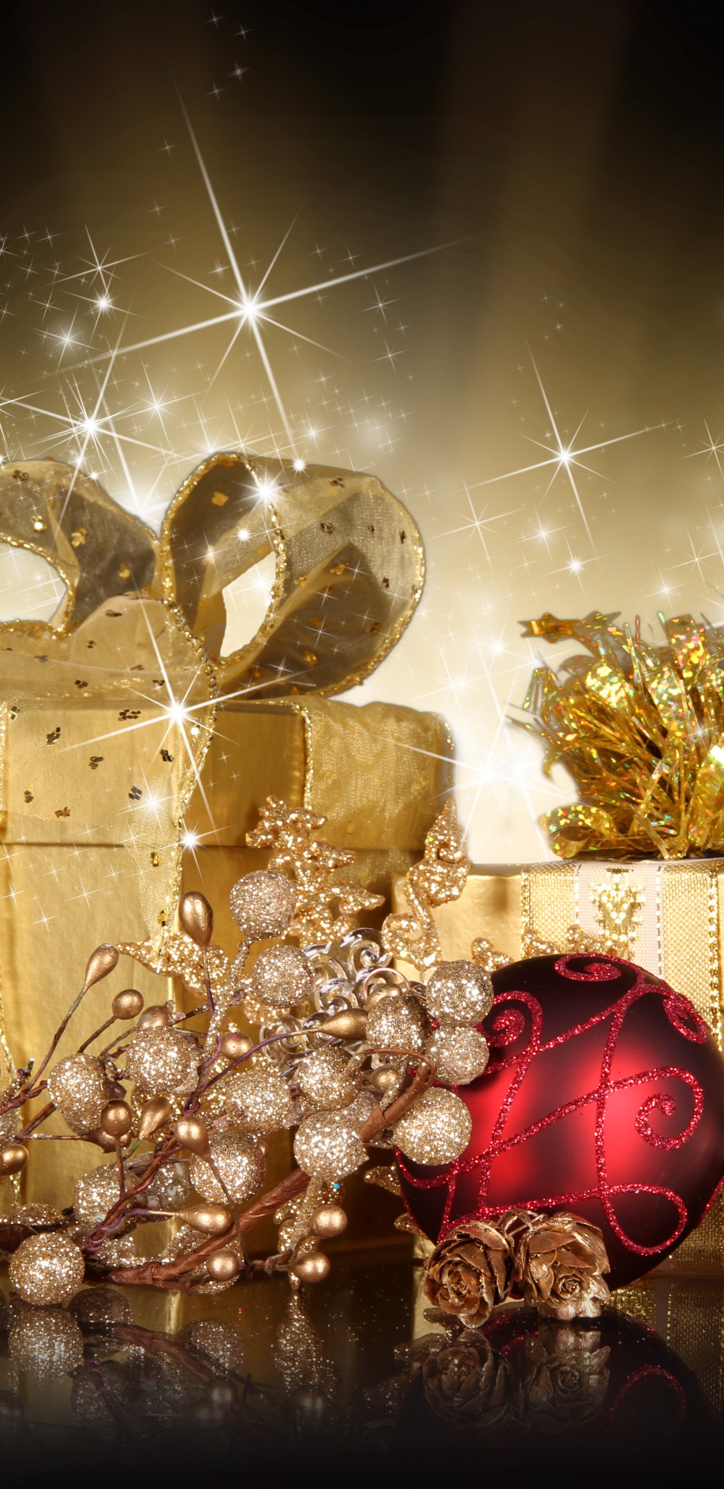 Обои Рождественские украшения, дизайн интерьера, Сочельник, Рождественский подарок, канун Нового года в разрешении 1440x2960