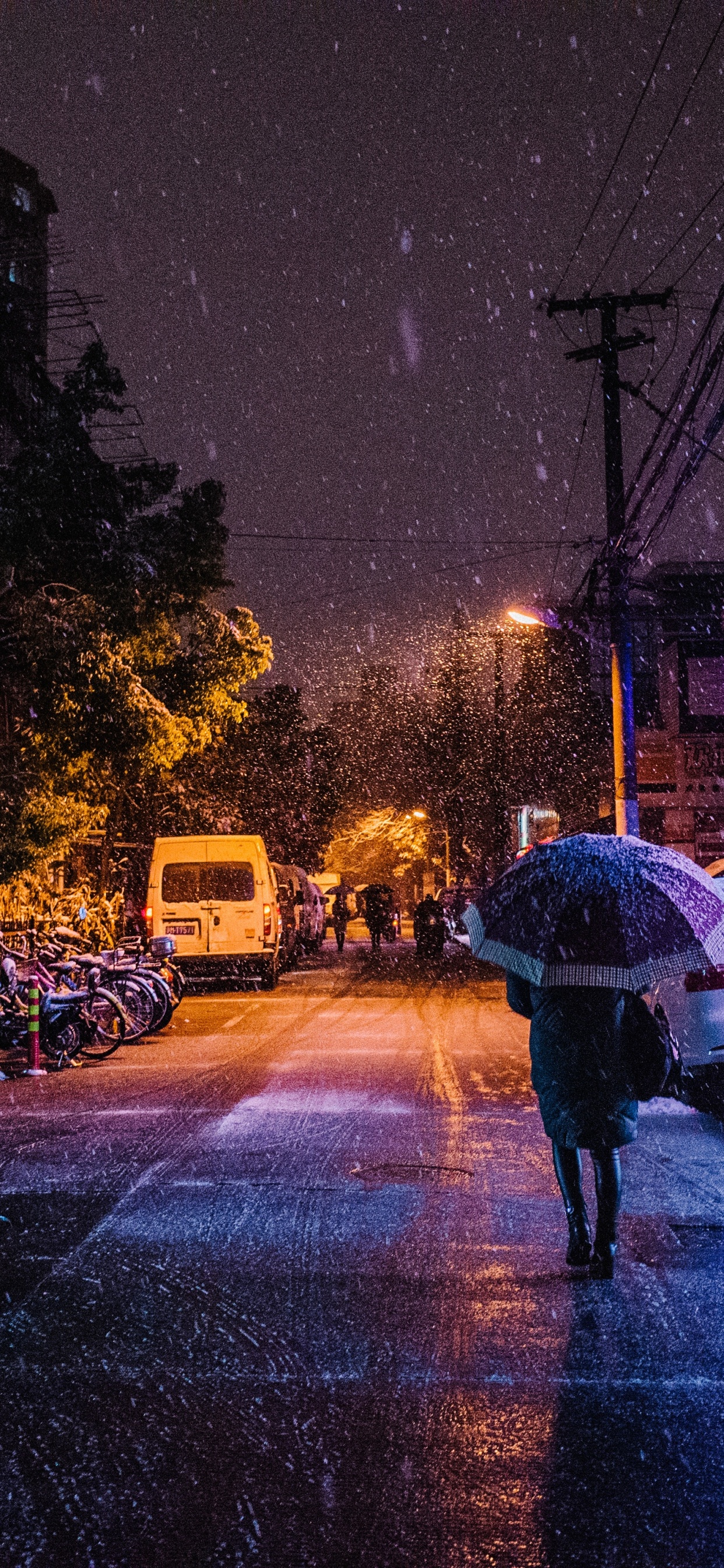 Обои ночь, снег, синий, городской район, свет в разрешении 1242x2688