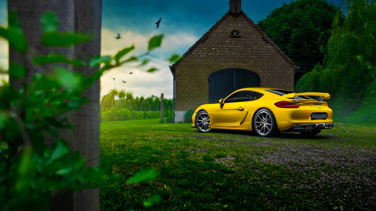 Обои Порше Кайман, Порше, авто, спорткар, желтый в разрешении 1280x720