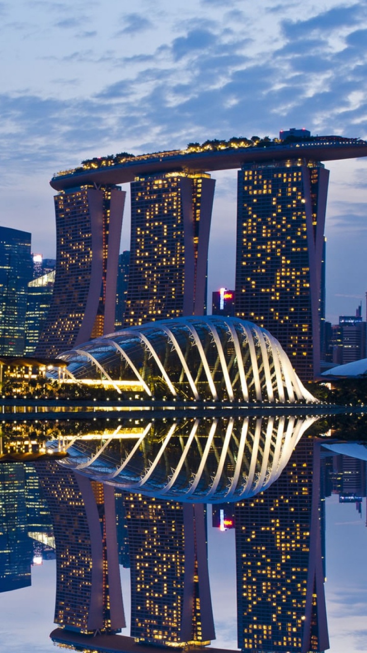 Обои Марина Бэй Сэндс Сингапур, отражение, городской пейзаж, город, ориентир в разрешении 720x1280