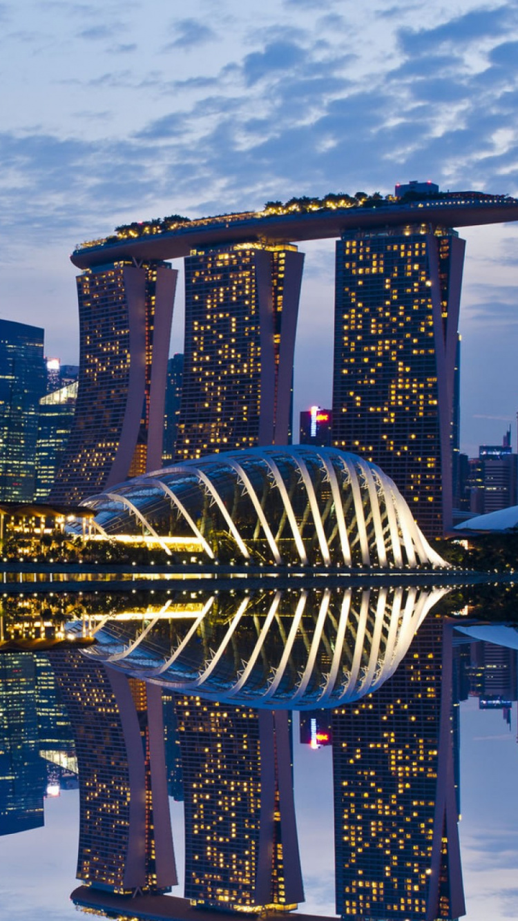 Обои Марина Бэй Сэндс Сингапур, отражение, городской пейзаж, город, ориентир в разрешении 750x1334