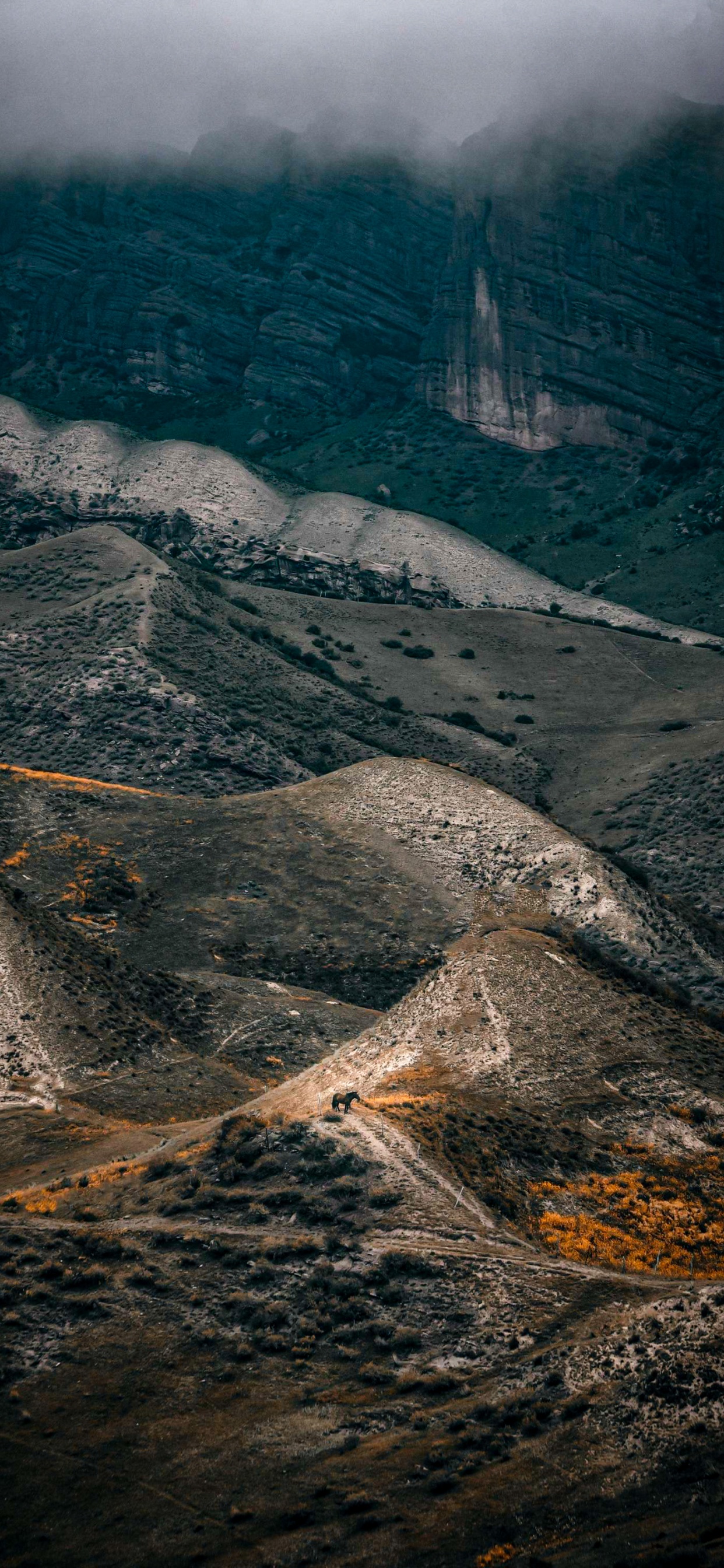 Обои атмосфера, гора, нагорье, склон, водоем в разрешении 1242x2688